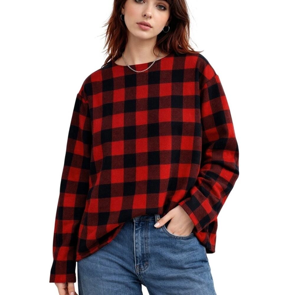 J. Jill Buffalo Plaid Sweatshirt Womens Large Red Black Preppy Tartan Knit Top